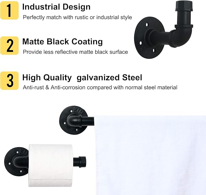 HouseAid 3-Pieces Industrial Pipe Towel Holder Set, Rustic Steel Towel Rack Kit, Farmhouse Vintage Style Towel Bar Accessories for Bathroom, Wall Mounted, Matte Black