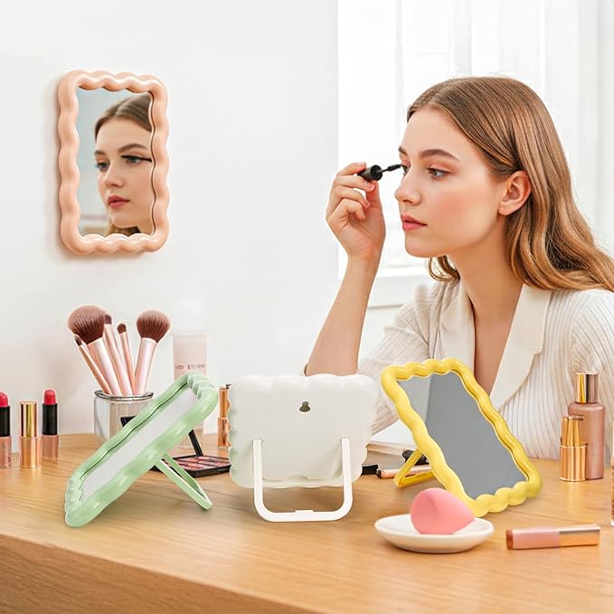 4 Pack Table Vanity Makeup Mirror, Wave Shaped Desk Mirror with Stand, Small Portable Folding Mirrors, Tabletop Adjustable Travel Mirrors, Hanging Bathroom for Shaving, 4 Colors, 6.7" × 5.2"