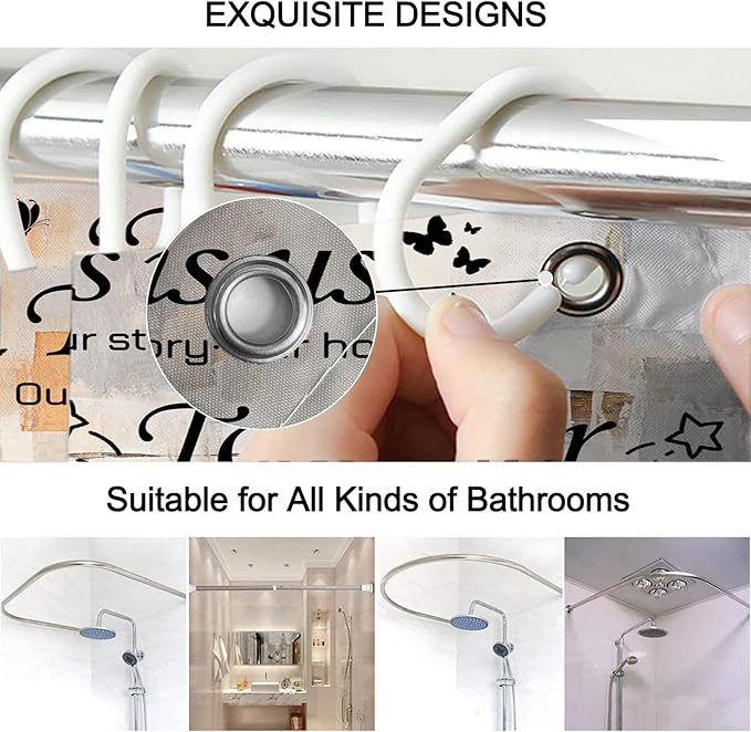 Lnond 4Pcs Bathroom Shower Curtain Sets with Rugs, Orange Grey Motivational Home Family Bathroom Sets with Shower Curtain and Rugs and Accessories