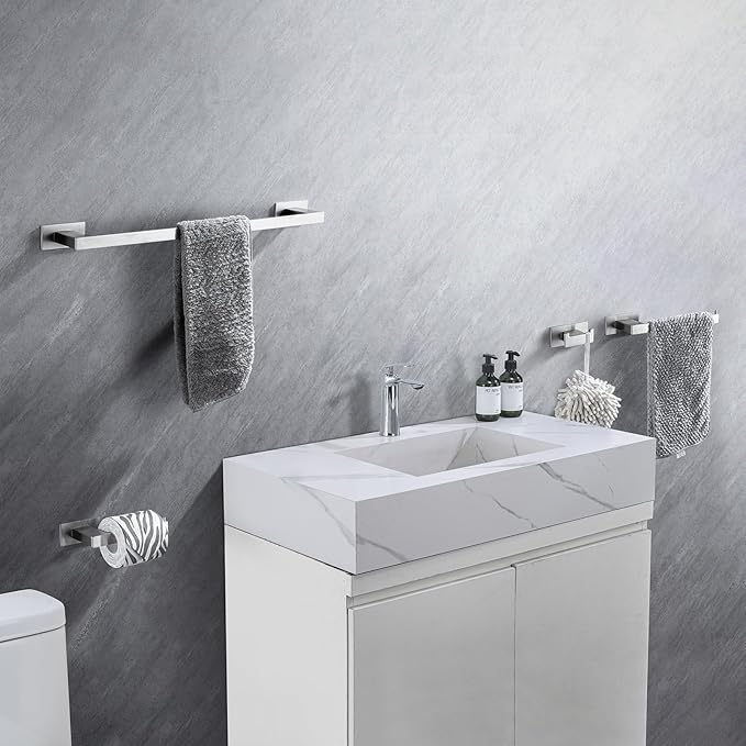 4-Pieces Bathroom Hardware Accessories Set, Towel Rack Towel Bar Toilet Paper Holder Towel Hook Self Adhesive Stainless Steel Towel Rack Set for Bathroom Wall Mounted, Brushed Nickel, 16 Inch
