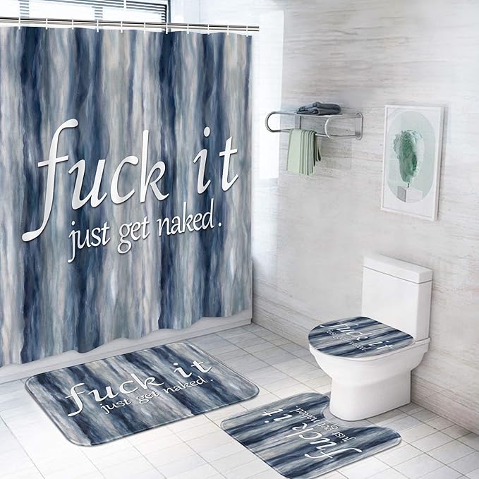 ArtSocket 4PC Funny Get Naked Blue Painting Art Modern Abstract Shower Curtain Sets Bathroom Decor with Rugs, Non-Slip Rug,Toilet Lid Cover, Bath Mat and 12 Hooks 72x72 inches