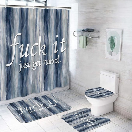 ArtSocket 4PC Funny Get Naked Blue Painting Art Modern Abstract Shower Curtain Sets Bathroom Decor with Rugs, Non-Slip Rug,Toilet Lid Cover, Bath Mat and 12 Hooks 72x72 inches
