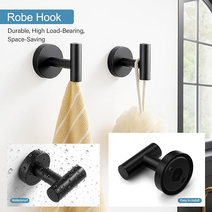 Matte Black 24in Bathroom Hardware Set, Stainless Steel Towel Bar Set, Bathroom Accessories Set Wall Mounted, Towel Racks for Bathroom, Towel Bar, Towel Ring, Robe Towel Hooks, Toilet Paper Holder