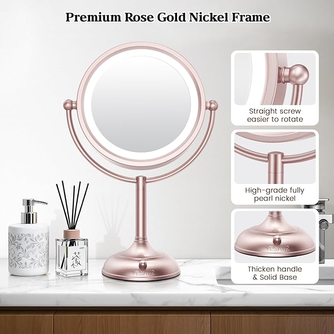 VESAUR Lighted Makeup Mirror Rose Gold Nickel, Double Sided 1X/10X HD Undistorted Magnifying Mirror, 8.5" Vanity Mirror with 3 Colors Dimmable 90 Bright LEDs, 360°Swivel Two Power Supply, Luxury Gifts