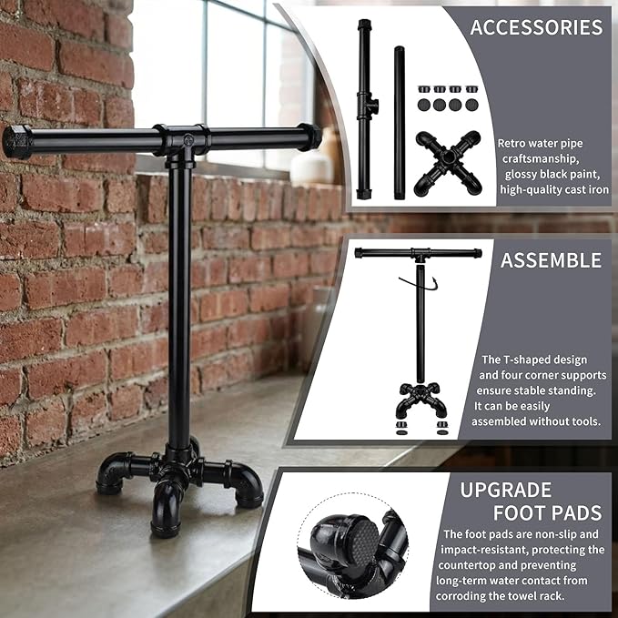 Rustic Pipe Hand Towel Holder Free Standing Towel Rack Industrial T-Shape Towel Storage for Bathroom ROXLLGJC