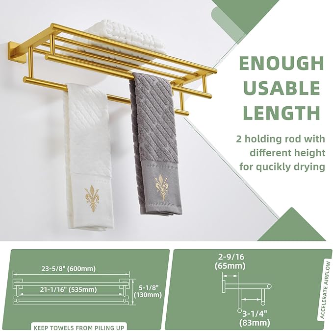 Angle Simple Towel Rack with Holder for Bathroom, SUS 304 Stainless Steel Wall Bath Towel Shelf with Double Bar, Brushed Dark Gold, 23.62 Inches