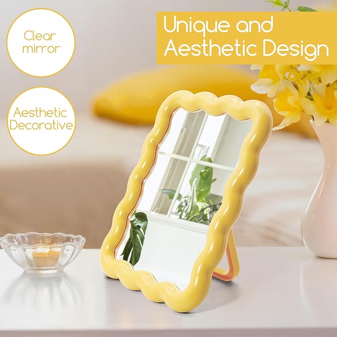 Philbinden Cute Wave-Shaped Desk Vanity Makeup Mirror, Portable Folding Travel Make Up Mirror for Standing/Hanging, Home Decorations Mirror for Women Girls (1, Yellow)