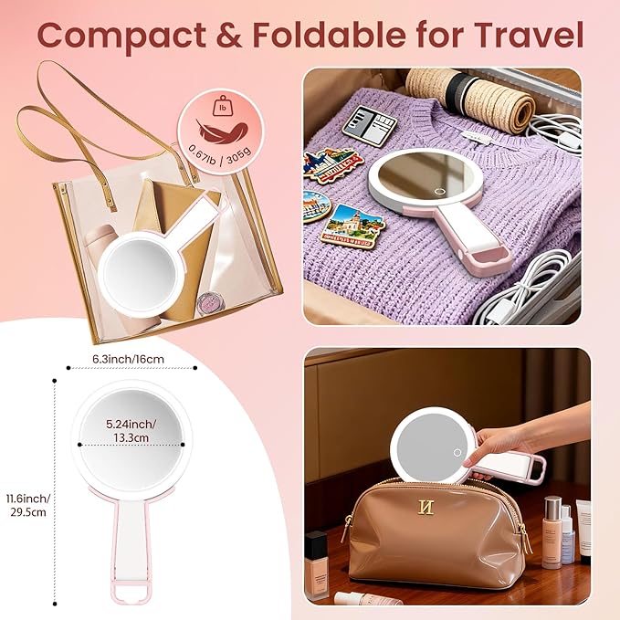 Magnifying Mirror with Light, Double-Sided 10X/1X Lighted Makeup Mirror with Magnification, Rechargeable Makeup Mirror with Lights, 3 Color Lighting, 3 in 1 Tabletop/Handheld/Hanging Travel Mirror