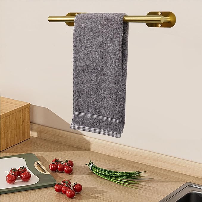 TocTen Self Adhesive Bathroom Towel Bar, Stick Towel Rack for Bathroom, Rustproof Stainless Steel Bath Towel Holder No Damage, Easy to Install Drill Free Towel Rod for Bathroom (Brushed Gold, 16 Inch)