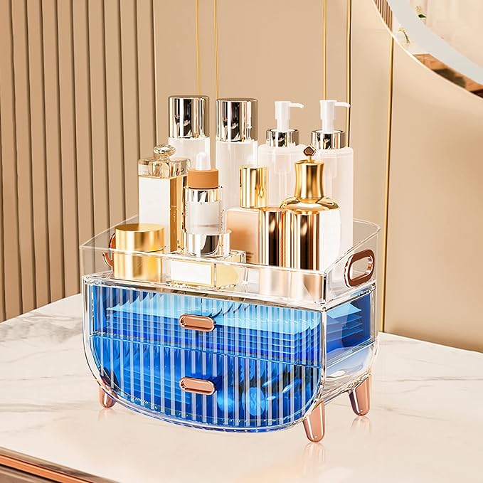 Ergocar Portable Transparent PET Series Multi-Function Make Up Case Dustproof Cosmetic Storage Box, Cosmetics Skin Care Products Jewelry Organizer Case Lipstick Box - Blue Two Layers