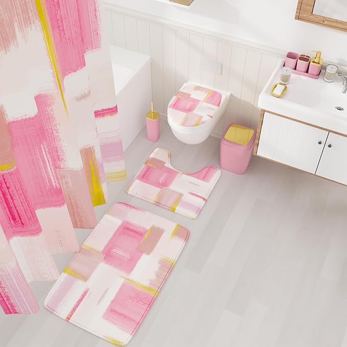 XLHOMO Bathroom Accessories Set - 25PC Bathroom Set with Shower Curtain and Rugs, Pink Bathroom Set, Bathroom Accessory Set with Press-on Lid Trash Can, Soap Dispenser and Qtip Holders