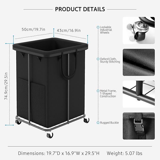 YKDIRECT 150L Large Laundry Hampers Basket with Removable Washing Bag, Oxford Fabric Laundry Hamper Clothes Hampers, Metal Frame Design with Wheels, Suitable for Bedroom, Laundry Room (Black with Bag)