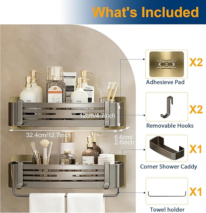 Shower Caddy, No-Drilling Adhesive Shower Shelves with Hooks, Waterproof & Rustproof Removable Shower Organizer Storage for Bathroom Kitchen