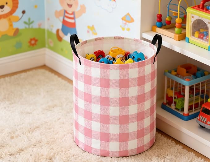 Kids Laundry Basket Pink Hamper for Nursery Girls Hamper Cute Kids Storage Bin Organizer Room Decor for Home(Pink Grid)