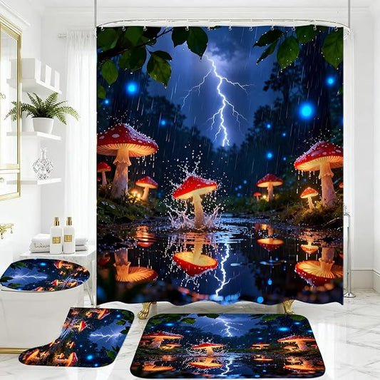 4 Piece Fantasy Red Mushroom Shower Curtain Set with Rugs, Enchanted Forest Rain & Lightning Art, Vibrant Blue Glow & Nature Bathroom Decor, Waterproof Fabric, Non-Slip Bath Mats & Toilet Lid Cover