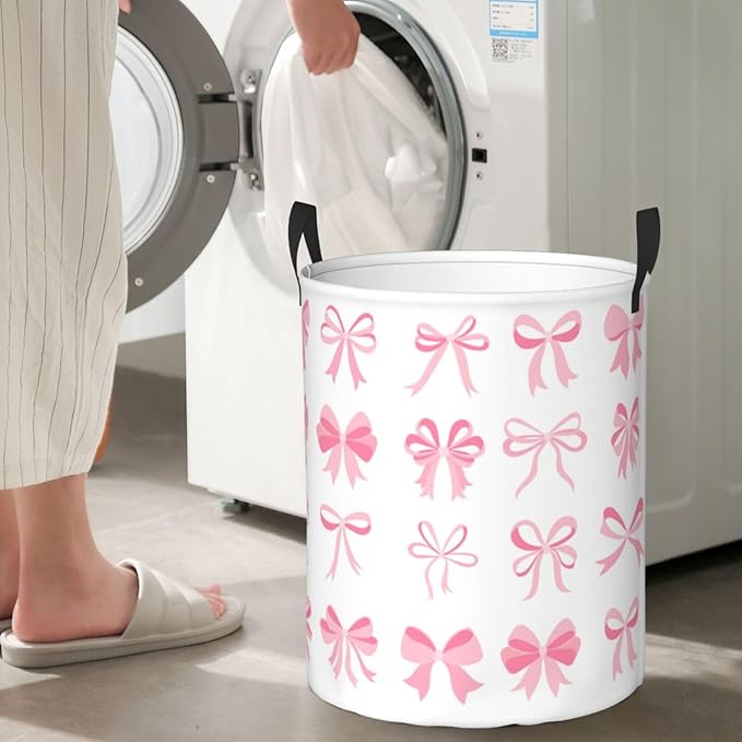 Laundry Basket Room Decor,Round Laundry Hamper Waterproof Dirty Clothes Hamper Collapsible Laundry Baskets With Handles,Toy/Clothes Storage Basket For Home Dorm Bathroom Decor (Pink Bow)