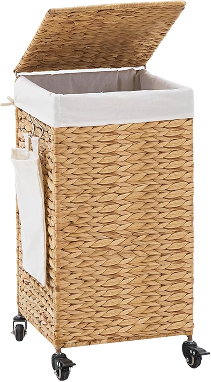 Handwoven Hamper with Lid, Laundry Basket with Wheels, Machine Washable Liner, Clothes Hamper for Bathroom Laundry Room Bedroom(Natural, 78L)