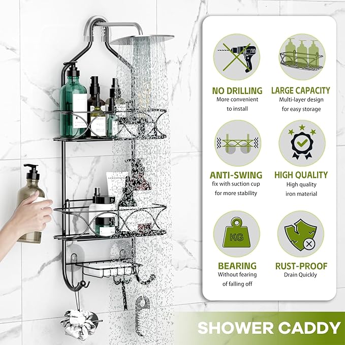 Aluminum Shower Caddy Hanging for Handheld Showerheads, Never Rust Shower Organizer with Hooks Holder Toothbrush Holder，Over Showerhead Caddy for Bathroom