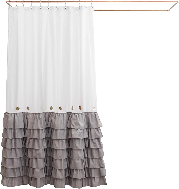 Shaina White and Gray Farmhouse Shower Curtain 72 x 72 with Shabby Chic Ruffles and French Country Style Buttons - Modern Farmhouse Shower Curtain Fabric (Gray)