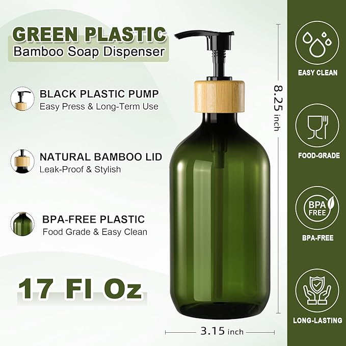 KASUNTING Green Soap Dispenser, Plastic Bathroom Soap and Lotion Dispenser Set with Bamboo Pump, 2 Pack 17 Fl Oz Hand and Dish Soap Dispensers Set for Bathroom, Refillable Liquid Soap Bottles