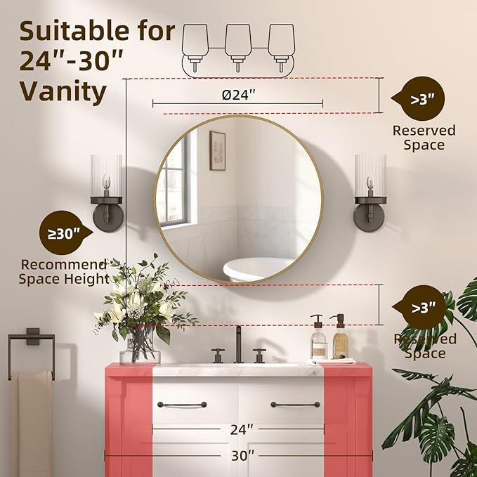 24 x 24 Inch Round Medicine Cabinet Mirror Gold,Circular Bathroom Mirror with Storage Wall Mounted,Metal Framed Medicine Cabinets with Tempered Glass Adjustable Shelves for Bathroom Vanity