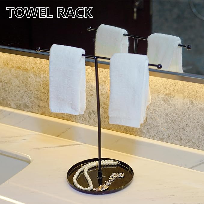 T Bar Towel Holder, Heavy Weighted Base with Non-Slip Bottom, 11.8" Freestanding Organizer Rack for Bathroom & Kitchen Countertop, Multi-Functional for Hand/Dish Towels, Jewelry (Black)