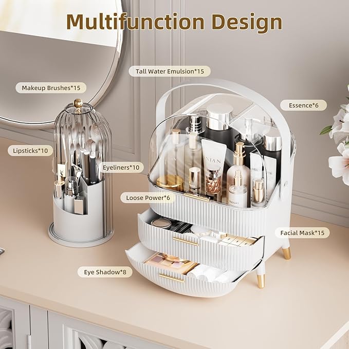 fanado Makeup Organizers Countertop, Makeup organization for Vanity, Cosmetic Storage with Lid and Drawers, Skincare Display Cases with for Desktop, Bathroom (White)