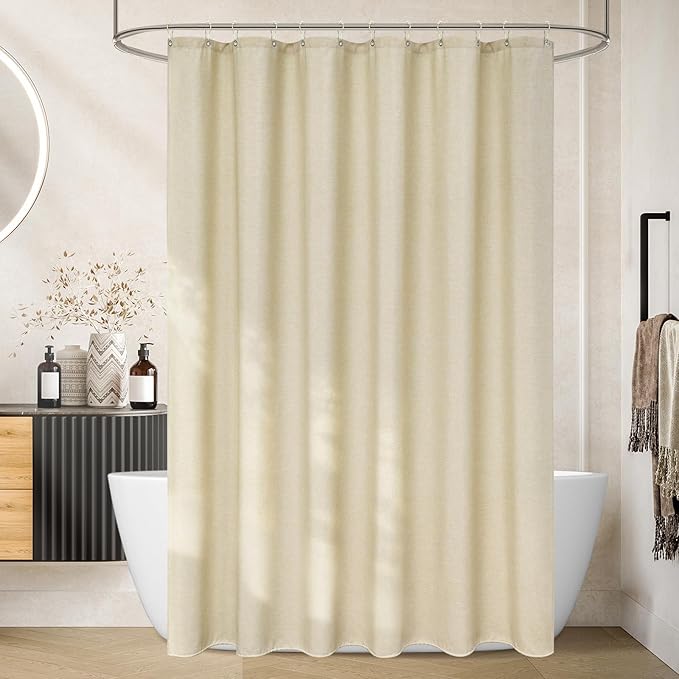 72 x 84 Inch Extra Long Beige Fabric Shower Curtain Heavyweight, Faux Linen Polyester Shower Curtain Long Water-Resistant, Cream Shower Curtains Washable for Tall Bathroom