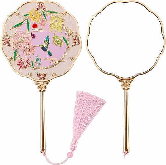 Hand Mirror, Handheld Mirror with Hummingbird Embossed Patterns (Metal), Unique Gifts for Women Birthday Gift for Women Mom Her, Elegant Cosmetic Mirror (Gold)
