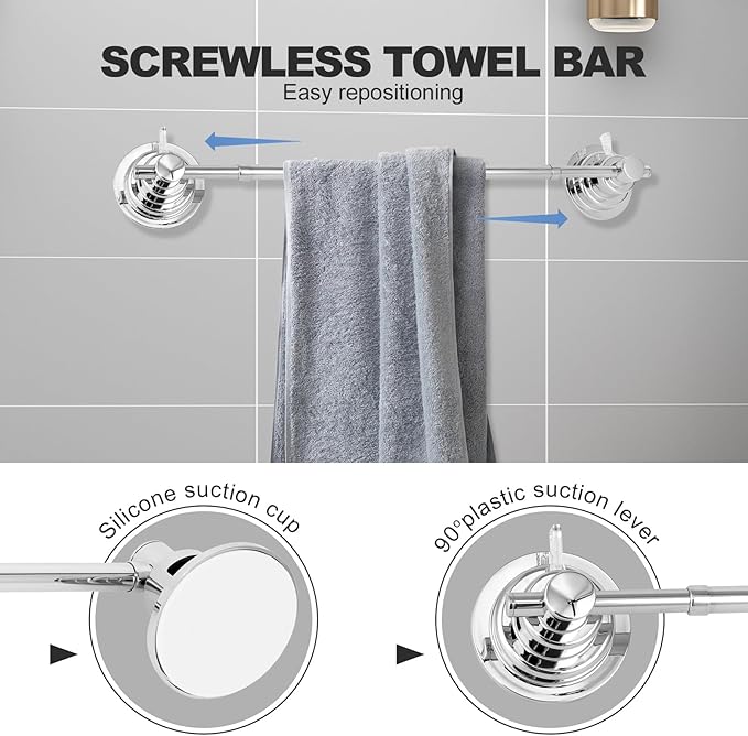 Suction Cup Towel Bar for Shower, 15.75''-25.6'' Adjustable Stainless Steel Towel Holder, Heavy Duty Suction Towel Rack with Powerful Vacuum Adsorption for Bathroom, Kitchen, RV, and Renters