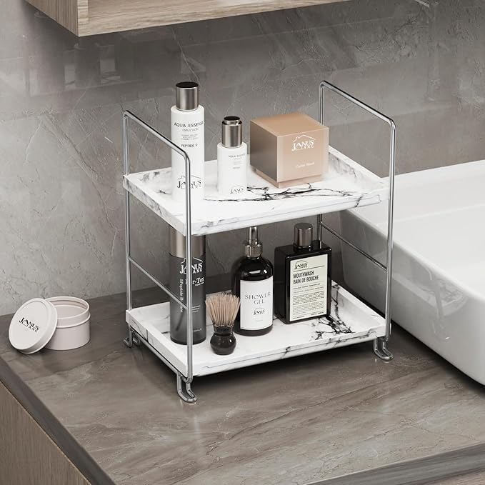 2-Tier Bathroom Organizer Countertop Perfume Makeup Shelf Cosmetics Storage Shelf Display Rack Vanity Dresser,Kitchen Spice Rack,Plastics Imitation Marble Design,Tool-Less Install(Sliver)