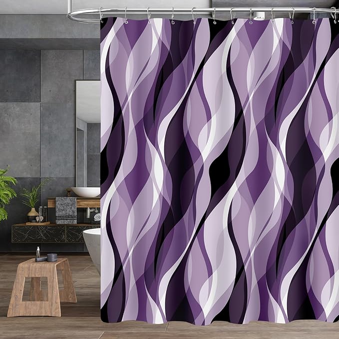 4PCS Purple Bathroom Sets with Shower Curtain and Rugs, Lavender Abstract Striped Shower Curtain Sets with Rugs, Modern Luxury Bathroom Curtains Shower Set with Toilet Lid Cover
