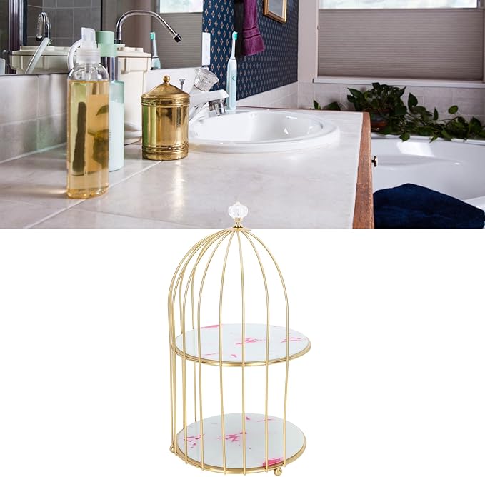 Double Layer Storage Shelf Bird Cage Organizer Display Rack for Bathroom Countertop Dressing Table Gold Frame (Pink Stone Pattern)
