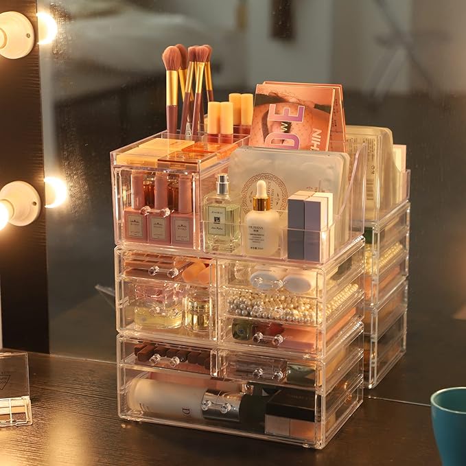 Cq acrylic 3 Pack Clear Make up Organizer Countertop,Stackable 9 Drawers Makeup Storage,Cute Vanity Organizers for dresser Hair Clip,Jewelry,Beauty Product Desk and Bathroom Organizers and Storage