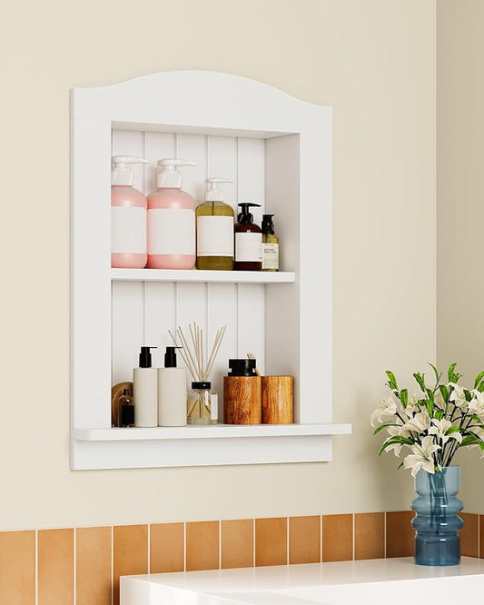CHOEZON Recessed Wall Niche, 2-Tier Recessed Medicine Cabinet, Bathroom Cabinet Wall Mount, Bamboo Medicine Organizer, Wall Storage Cabinet, for Bathroom, Living Room, Kitchen, White