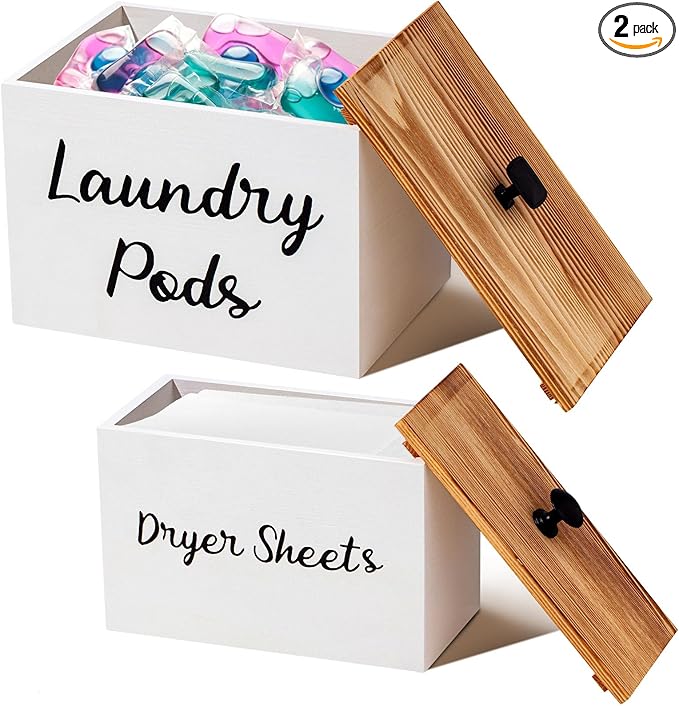 Dandat 2 Pcs Wood Rustic Laundry Dryer Sheet Holder Pod Container with Lid 8.7 x 6.3 x 6.4 Inch Laundry Pod Holder 7.3 x 3.7 x 5 Inch Dryer Sheet Dispenser Wooden Box Container(White)