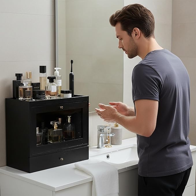 Cologne Organizer for Men,Perfume Stand Holder,Cologne Shelf, Solid Wood Cologne Stand with Drawer Storage and Clear Window,Organizador de Perfumes,Perfume Stand Organizer,Black