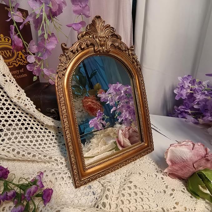 Bronze Vintage Vanity Desk Makeup Mirror Antique Decorative Wall Mirror,Resin Carved Arched Mirror for Living Room,Bedroom Dresser,Home Decor ﻿ (Large)