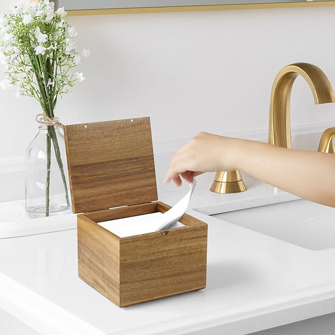 Bivvclaz Acacia Wood Disposable Face Towel Holder, Face Towel Container Compatible with Clean Towels XL, Face Towels Storage Box with Lid, Makeup Remover Organizer for Vanity, Bathroom