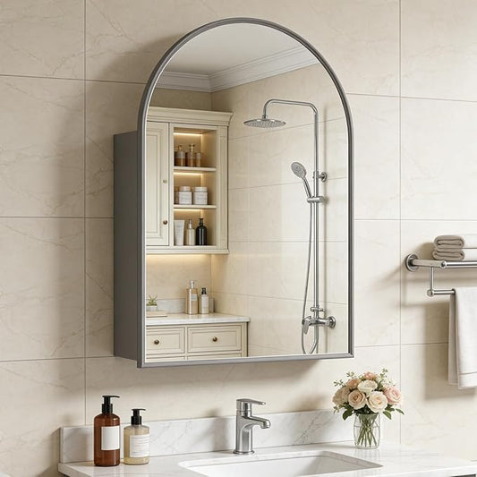 Full Aluminum Wood Grain Medicine Cabinet, Waterproof Rustproof Bathroom Vanity Storage with Adjustable Shelves, Natural Oak (Gray, 24x36)