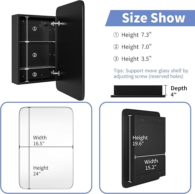 AGDULL Vintage-Style Bathroom Wood Black Cabinet with 16.5''x24'' Curved Mirror, Recessed Medicine Cabinet, in-Wall or Surface Mount Bathroom Storage Cabinet