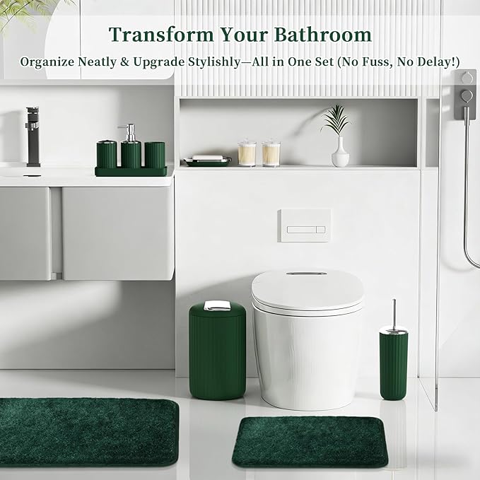 XLHOMO 24 PCS Dark Green Bathroom Accessories Set with Shower Curtain and Rugs, Bathroom Sets with Extra Soft and Absorbent Bath Rugs Shower Curtain Bathroom Accessory for Bath