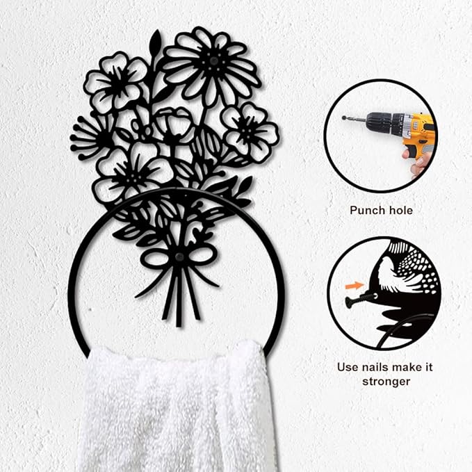 MAYJOYDIY Bouquets Metal Towel Ring Daisy Flowers Hand Towel Holder Round French Floral Towel Hangers Black Bathroom Towel Rack Wall Mounted for Kitchen Bath Home Laundry Room Decors Gifts