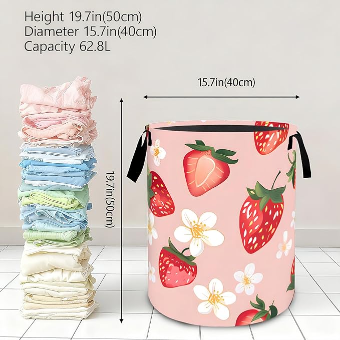 Fresh Strawberry Laundry Basket,Dirty Clothes Hamper,Red Fruit and Floral Storage Bin Gifts,Foldable Waterproof Oxford Cloth Baskets for Bathroom,Bedroom,Sweet Home Decoration(19.7" x 15.8")