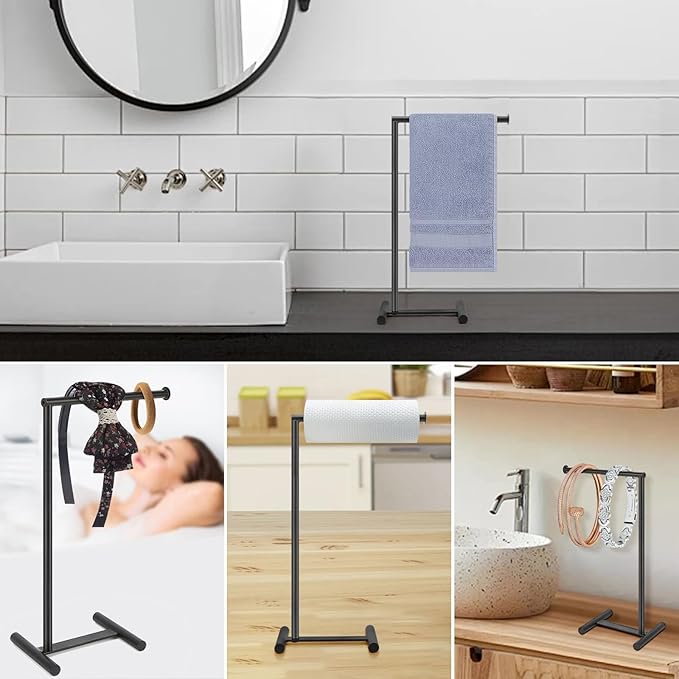 Livabber L-Shape Hand Towel Holder Stand, Metal Hand Towel Rack Modern Countertop Hand Towel Ring Standing Towel Bar for Bathroom Kitchen Vanity (Black)