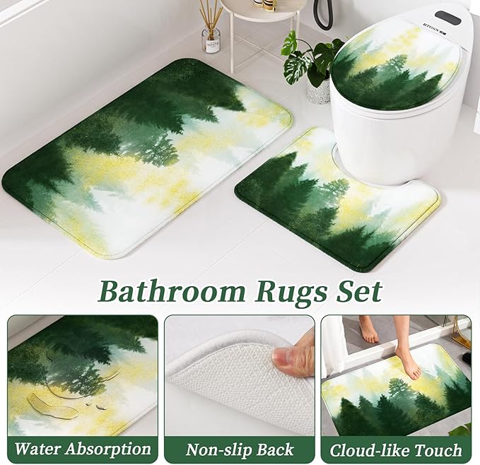 Green and Gold Bathroom Accessories, Bathroom Sets with Shower Curtain and Rugs, Bath Rugs Accessory Set with Bathroom Trash Can, Soap Dispenser, Soap Dish for Home Decor