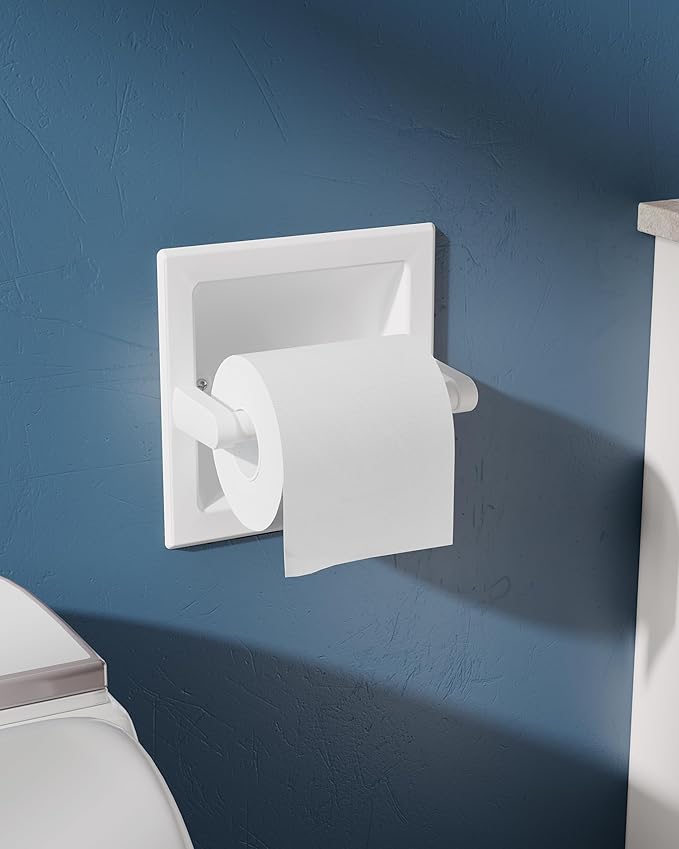 White Recessed Toilet Paper Holder for Regular Rolls, in Wall White Pivoting Toilet Paper Holder Wall Mount Made of Metal, Bathroom Toilet Paper Wall Holder