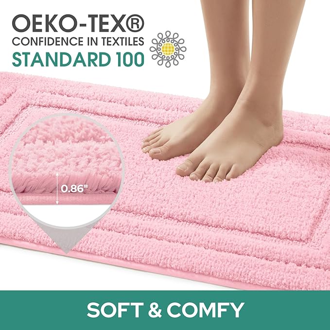 HOMEIDEAS Bathroom Rugs Sets 3 Piece, Super Soft and Absorbent Non Slip Microfiber Toilet Bath Mat with U-Shaped (Light Pink)