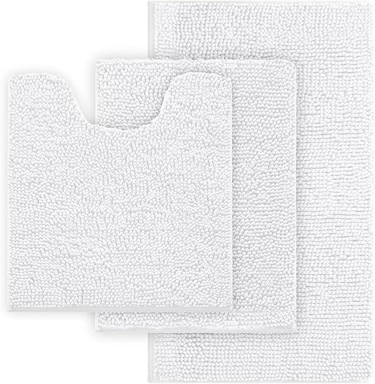 White Bathroom Rugs Chenille Bath Mat Set 3 Piece, Extra Soft, and Absorbent Shaggy Rugs, Machine Wash and Dry, Perfect Plush Carpet Mats for Tub, Shower, Bathroom Rug Mats
