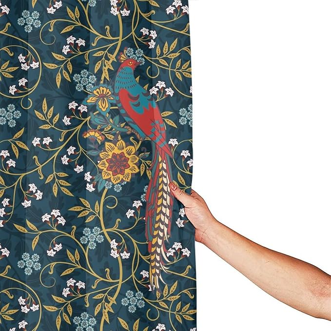 Rustic William Morris Art Print Fabric Shower Curtain,Vintage Mid Century Boho Floral Bird Hotel Quality,Machine Washable,72L x72W for Bathroom.